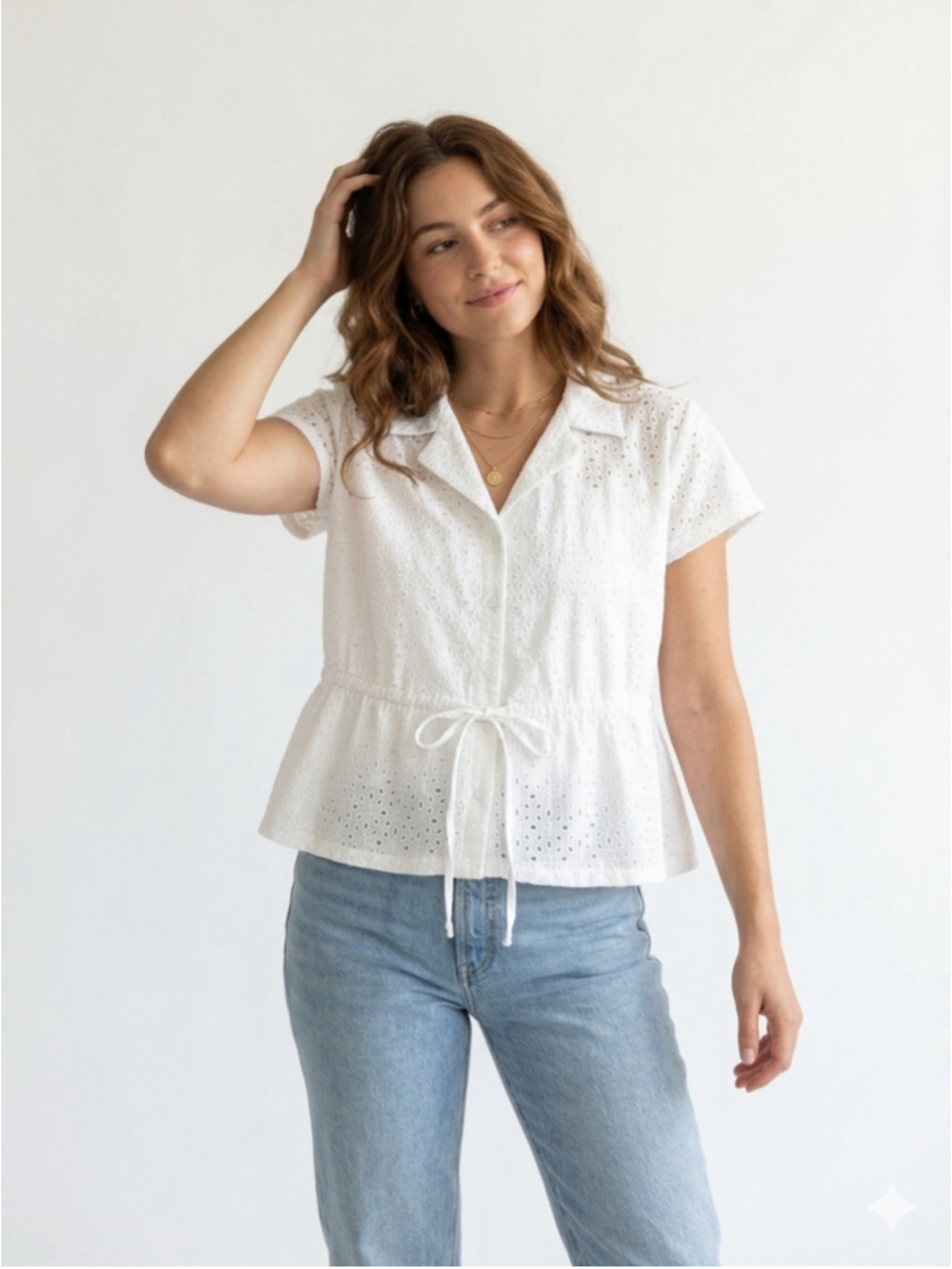 Women's Dailystory Delphyne White Cotton Openwork Eyelet Tie-Front Top Small-859